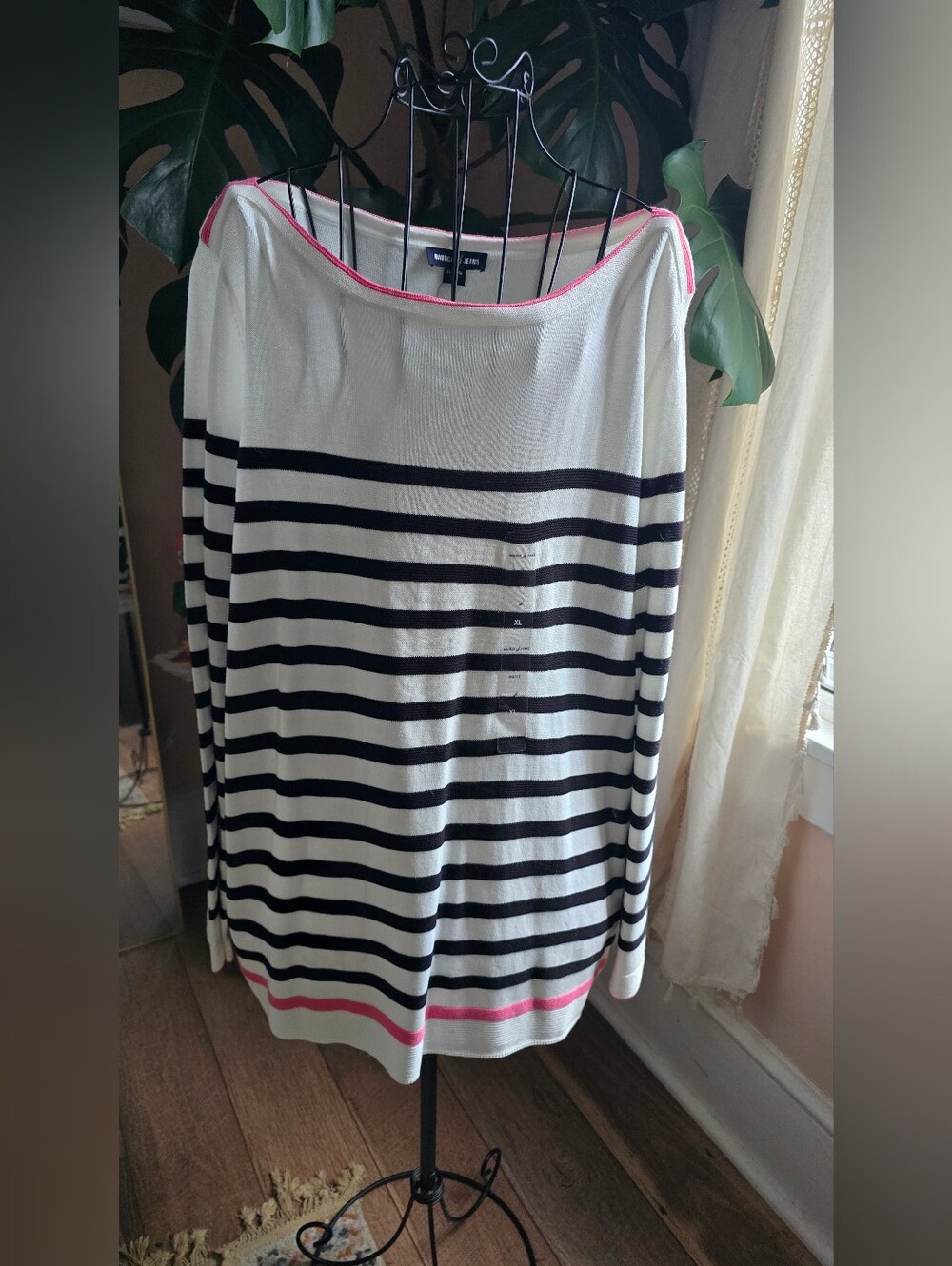 NWT Nautica Jeans Striped Boatneck Knit Sweater Neon Pink Trim Ivory Navy XL